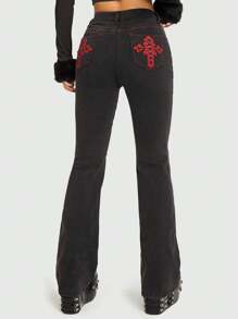 ROMWE Grunge Punk Cross Embroidery Flare Leg Jeans - Black - View 1