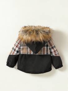 Baby Boy Plaid Pattern Fuzzy Trim Hooded Coat - Multicolor - View 2