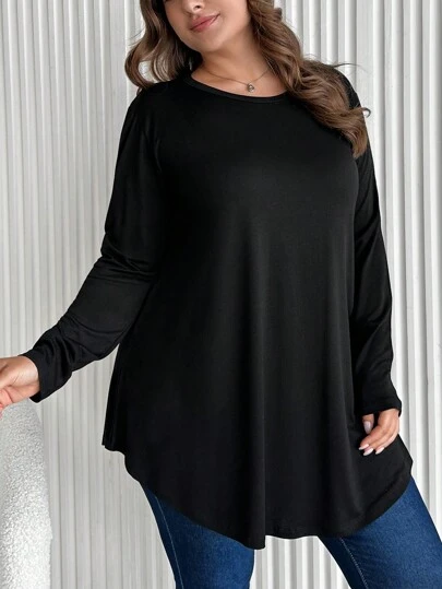 EURMUSE 100%Cotton Solid Color Loose Fit Round Neck Plus Size Long Sleeve T-Shirt