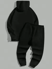 Manfinity VCAY Men Floral & Letter Graphic Drawstring Hoodie & Sweatpants - Black - View 2