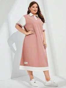 Mulvari Hơn Thư được vá Cổ áo tương phản Cổ Polo Váy áo thun - Màu Hồng  San hô - Xem 3