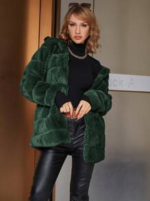 Eilly Bazar Solid Open Front Fuzzy Coat - Dark Green - View 1
