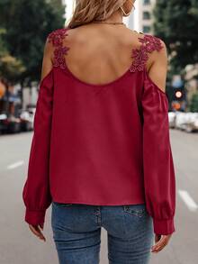 SHEIN LUNE Appliques Cold Shoulder Blouse - Burgundy - View 2