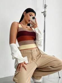 SHEIN EZwear 大碼撞色短款背心針織上衣 - 彩色 - 查看 3