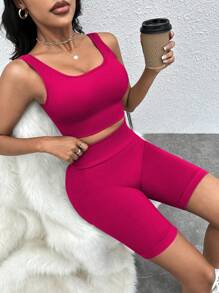 Solid Ribbed Knit Sports Set Two Pieces Set Women Summerwoman Two Pieces Sets - Hot Pink - View 1