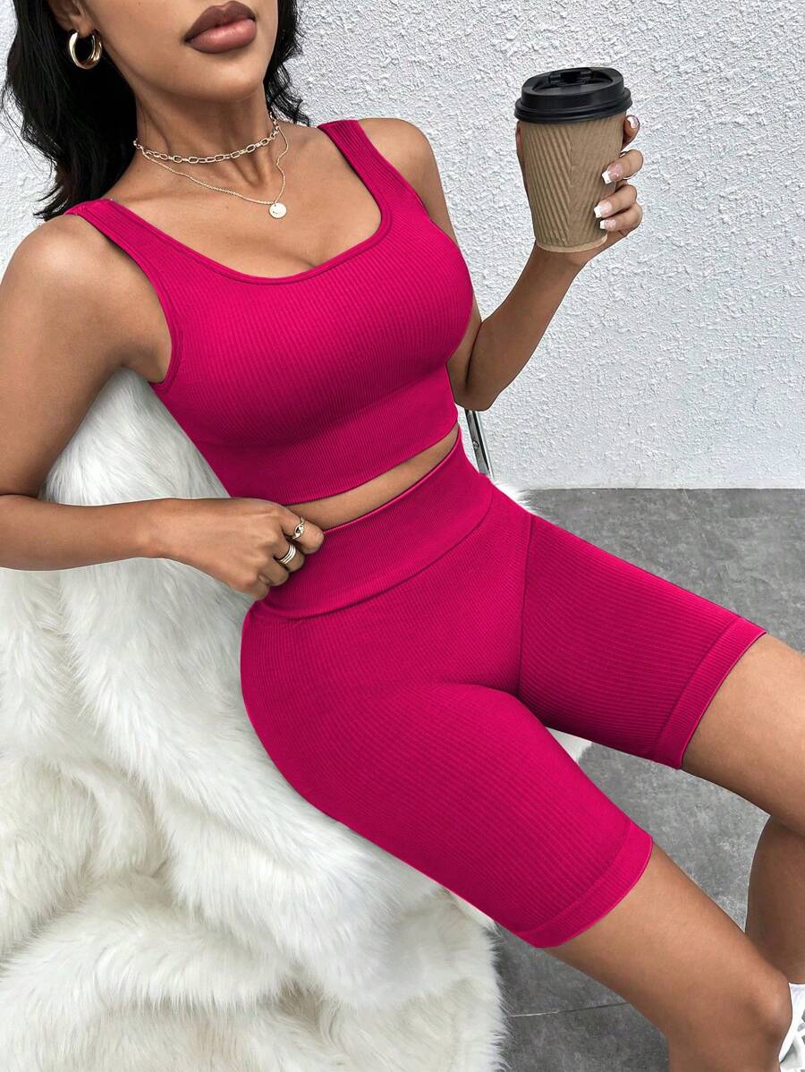 Solid Ribbed Knit Sports Set Two Pieces Set Women Summerwoman Two Pieces Sets - Hot Pink - View 1