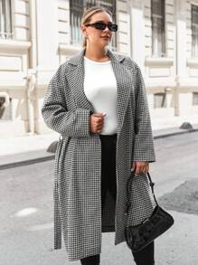SHEIN Cottnline Plus Houndstooth Print Belted Overcoat - Black and White - View 5