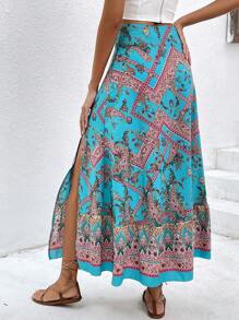 SHEIN VCAY 佩斯利印花高衩半身裙