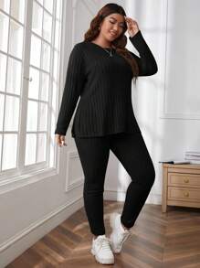 SHEIN Essnce Plus Ribbed Knit Split Hem Tee & Leggings - Black - View 3