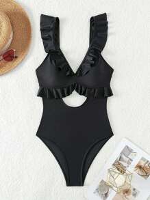 Costavie Summer Beach Cut Out Ruffle Trim One Piece Swimsuit - Black - View 5