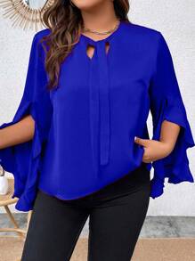 SHEIN Clasi Plus Tie Neck Flare Sleeve Blouse - Royal Blue - View 1