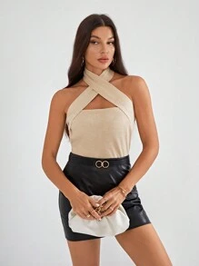 SHEIN Privé Crisscross Halter Knit Top - Khaki - View 7