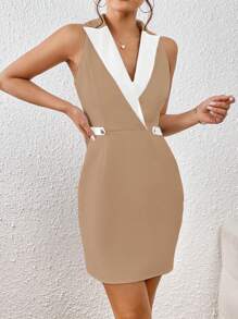 SHEIN Privé Panel Tương phản Cổ áo Đầm - Màu be - Xem 4