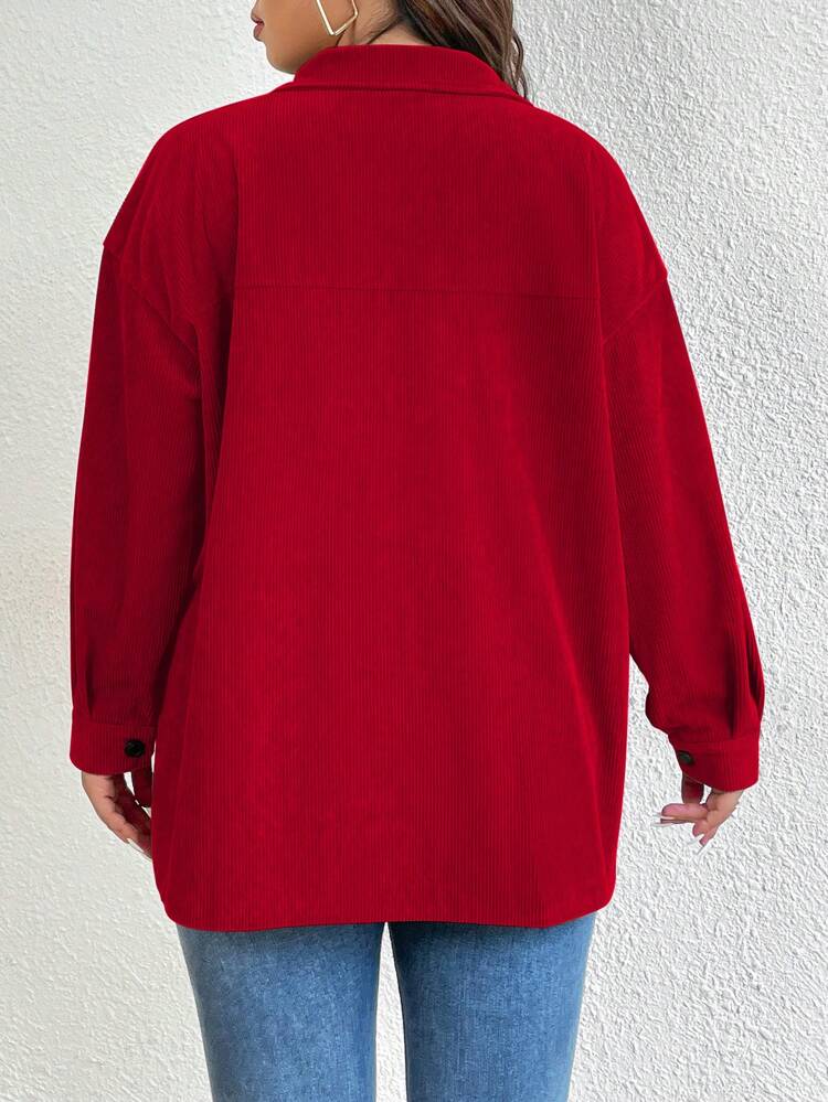 Plus Drop Shoulder Flap Detail Corduroy Coat For New Year Clothes, For Winter Fall Cloth For Women Autumn