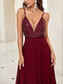 SHEIN Belle Burgundy Red Contrast Sequin Cami Formal Dress Party Dress Wedding Guest Dress Evening Dress - Burgundy - View 6