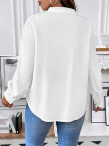 Vionelle Plus Contrast Lace Notched Neckline Shirt Fall Cloth For Women - White - View 2