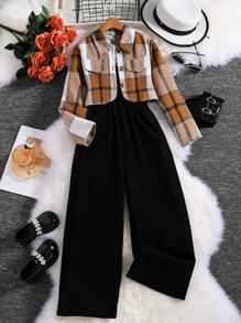 SHEIN Tween Girl Plaid Print Button Front Blouse & Cami Jumpsuit - Multicolor - View 3
