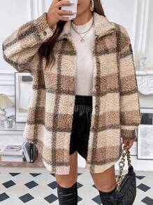 SHEIN Franclia Plus Plaid Pattern Drop Shoulder Teddy Coat - Multicolor - View 4