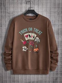Manfinity NiteLyfe Men Slogan & Halloween Print Sweatshirt - Coffee Brown - View 1