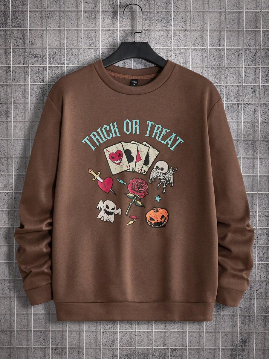 Manfinity NiteLyfe Men Slogan & Halloween Print Sweatshirt - Coffee Brown - View 1