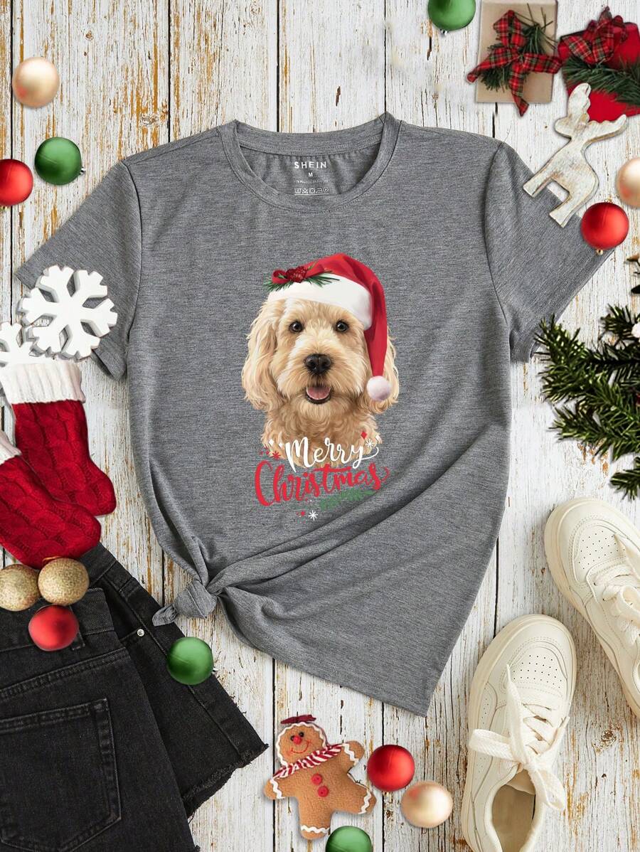 INAWLY Christmas Dog Print Tee - Grey - View 1