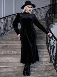 Celure Hơn Halloween Lưới tương phản Cổ giả Nhung Đầm Không có thắt lưng - màu đen - Xem 3