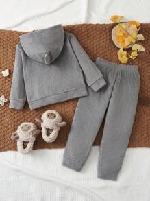 SHEIN Young Boy Solid 3D Ear Design Hooded Pajama Set - Grey - View 2