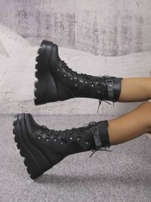 秋冬黑色轻便女式时尚加大拉链坡跟厚底骑士靴，朋克风格过膝中筒靴 - 黑色 - 查看 3