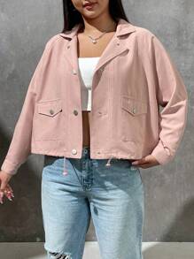 SHEIN EZwear Hơn Túi có nắp Viền kéo ra Tay Raglan Áo khoác - Hồng - Xem 1