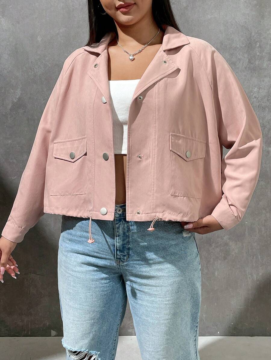 SHEIN EZwear Hơn Túi có nắp Viền kéo ra Tay Raglan Áo khoác - Hồng - Xem 1