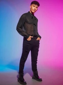 Manfinity Fever City Hombres Camisa de cuello con cordón transparente de gasa - Negro - Ver 5