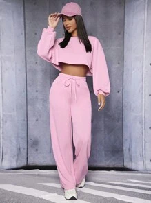 SHEIN PETITE Drop Shoulder Crop Pullover & Drawstring Waist Sweatpants - Baby Pink - View 1