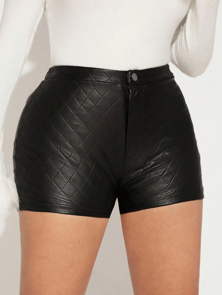 PU High Waist Solid Shorts
