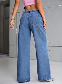 SHEIN ICON Washed Wide Leg Jeans - Medium Wash - View 4