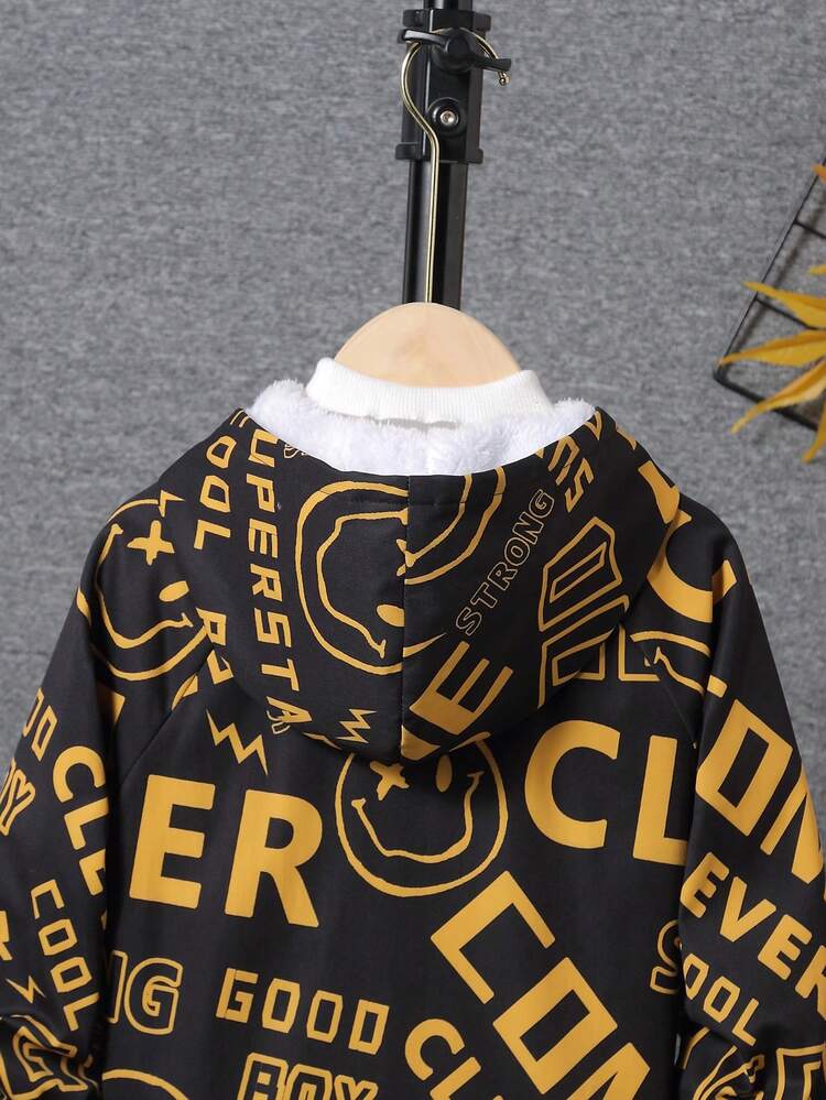 Young Boy Letter Graphic Thermal Lined Hooded Coat Without Sweater