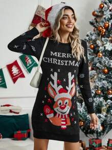 SHEIN Maternity Christmas Elk & Slogan Pattern Sweater Dress With Long Sleeve, For Winter - Multicolor - View 6