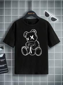 SHEIN Leap Crew Summer Casual Short Sleeve Round Neck Tee With Cartoon Bear Print For Tween Boys - Black - View 1