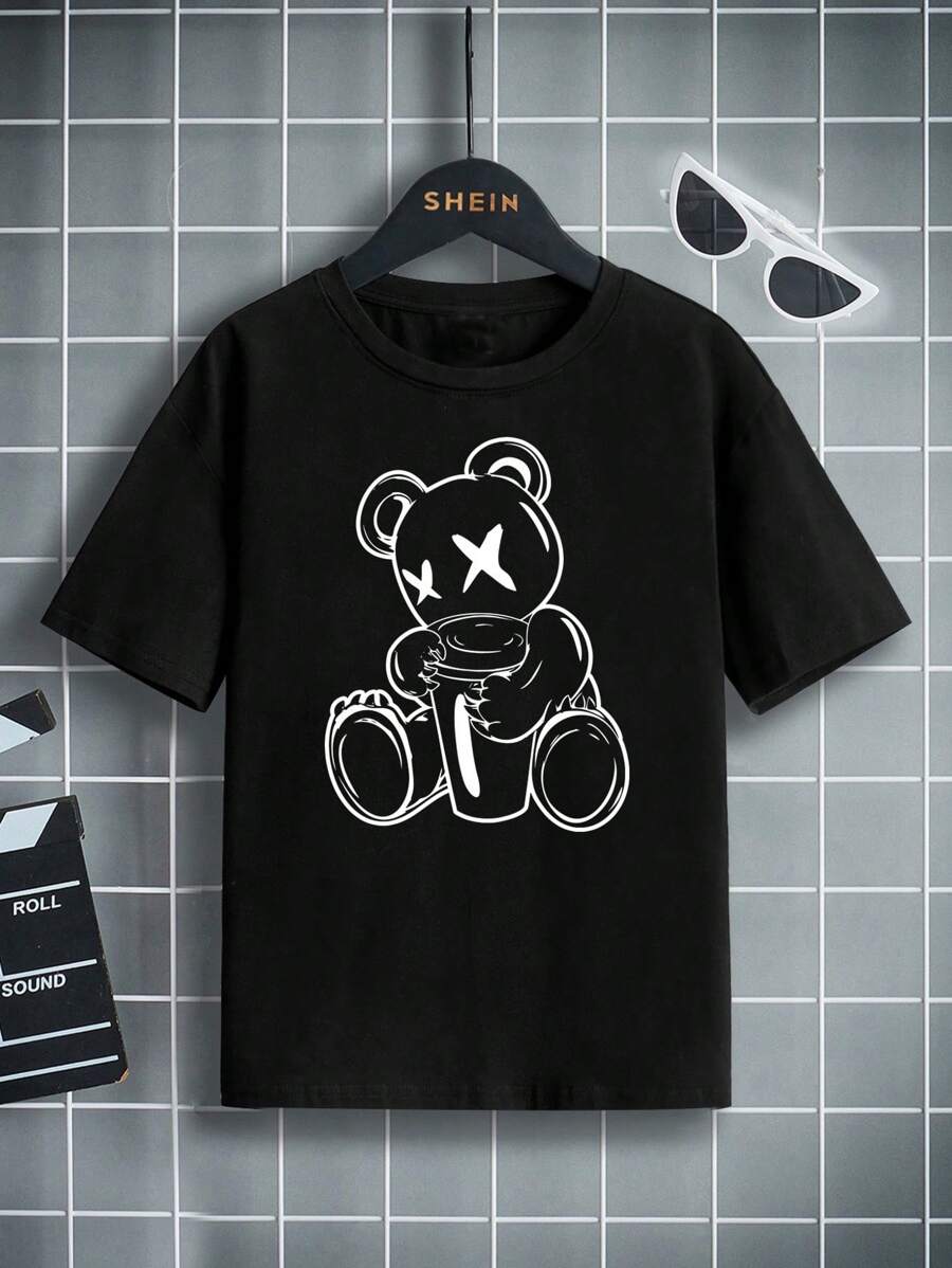 SHEIN Leap Crew Summer Casual Short Sleeve Round Neck Tee With Cartoon Bear Print For Tween Boys - Black - View 1