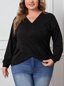 SHEIN LUNE Plus Wrap Cross Tee - Black - View 1