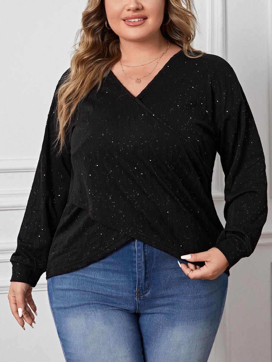 SHEIN LUNE Plus Wrap Cross Tee - Black - View 1