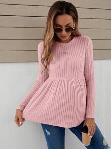 SHEIN Maternity Solid Peplum Tee With Long Sleeve - Baby Pink - View 3