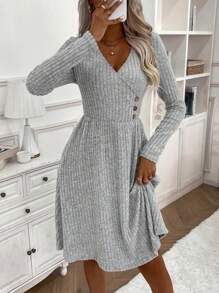 SHEIN Clasi Vestido línea A unicolor con diseño de botón - Gris - Ver 6