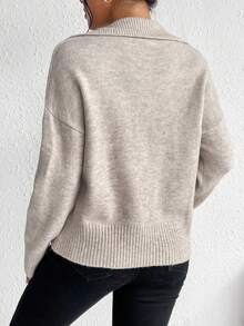 SHEIN Frenchy Lapel Neck Drop Shoulder Sweater Winter Casual - Camel - View 2