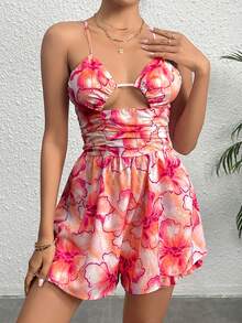 Soleia 印花鏤空褶邊吊帶連體短褲 - 玫紅色 - 查看 4