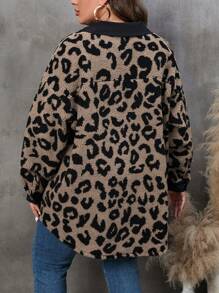 SHEIN LUNE Plus Leopard Print Drop Shoulder Teddy Coat - Multicolor - View 2