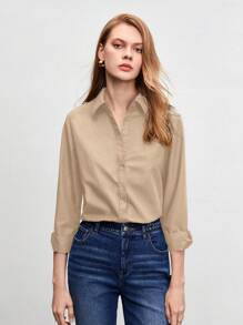 BizChic 素色前紐扣襯衫 - 卡其色 - 查看 9