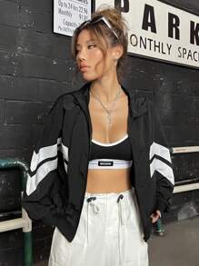 SHEIN EZwear 秋冬季撞色拉链连帽外套 - 黑色 - 查看 5