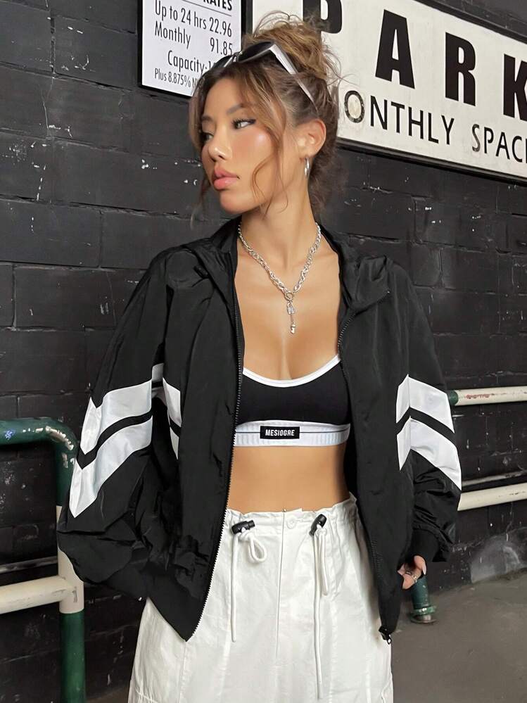 SHEIN EZwear Colorblock Zip Up Hooded Jacket In Fall/Winter