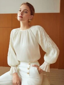 MOTF PREMIUM SEQUIN-EMBELLISHED BISHOP SLEEVE BLOUSE - Beige - View 4