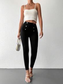 EURMUSE Sexy Button-Accent Form-Fitting 7/8 Length Pants - Black - View 6